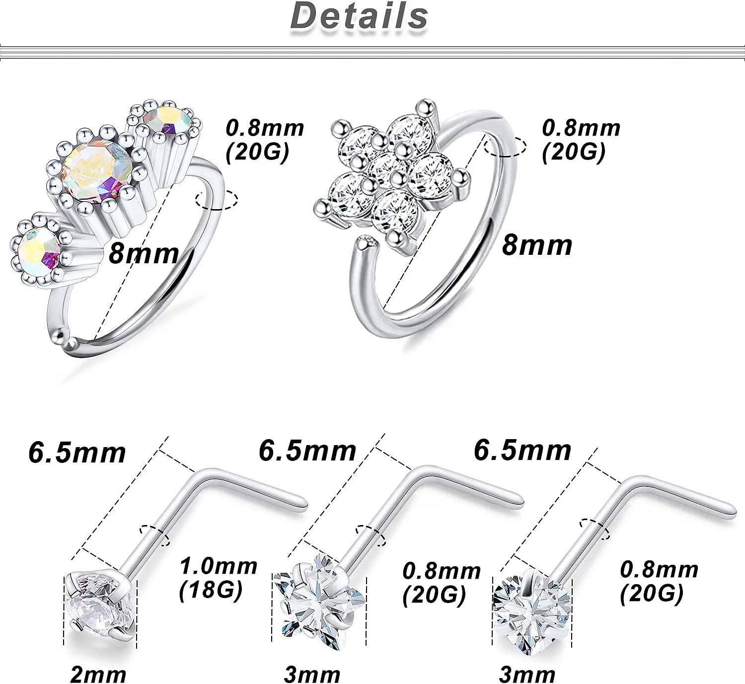 Ocptiy 18G 20G Nose Rings Studs Nose Hoops 316L Surgical Steel Hypoallergenic Silver Nose Piercings Straight Screw L Shaped Nostril Nose Rings Piercing Jewelry for Women Men 20Pcs-28Pcs