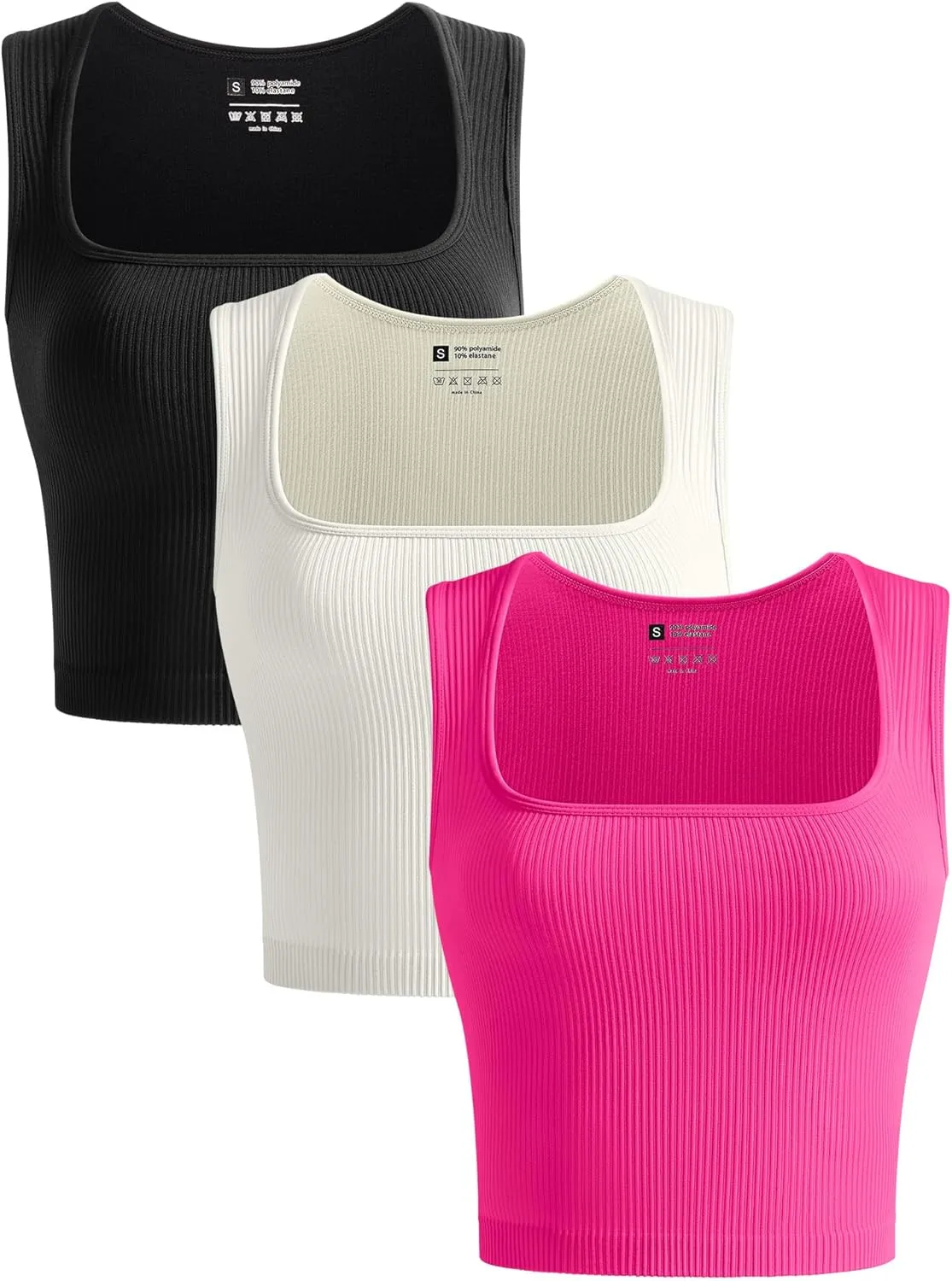 OLCHEE Womens 3 Pack Crop Tank Tops Seamless Ribbed Square Neck Tapered Shoulder Strap Sleeveless Workout Top Summer Shirts