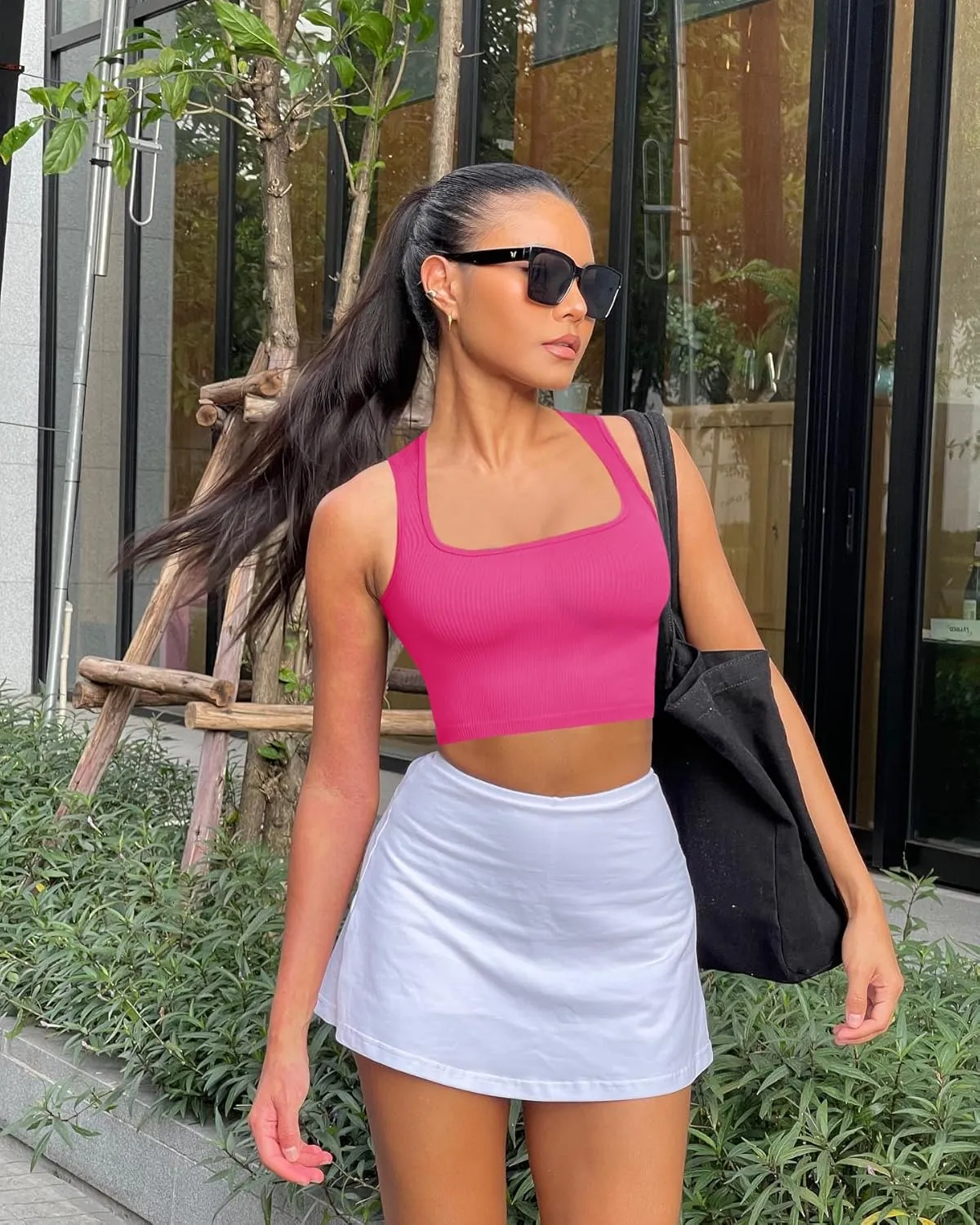 OLCHEE Womens 3 Pack Crop Tank Tops Seamless Ribbed Square Neck Tapered Shoulder Strap Sleeveless Workout Top Summer Shirts