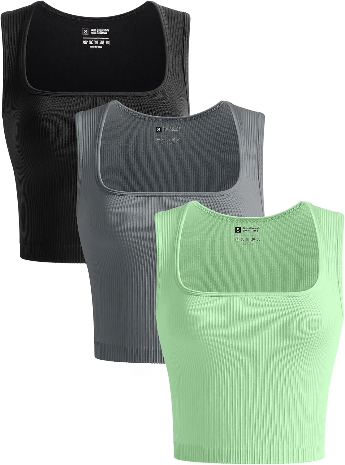 OLCHEE Womens 3 Pack Crop Tank Tops Seamless Ribbed Square Neck Tapered Shoulder Strap Sleeveless Workout Top Summer Shirts