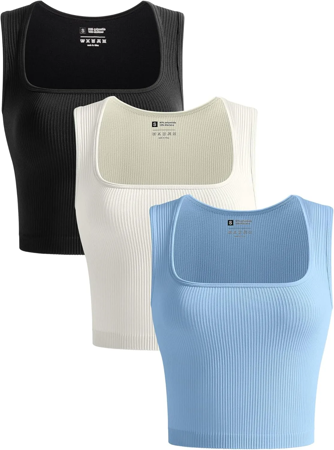 OLCHEE Womens 3 Pack Crop Tank Tops Seamless Ribbed Square Neck Tapered Shoulder Strap Sleeveless Workout Top Summer Shirts