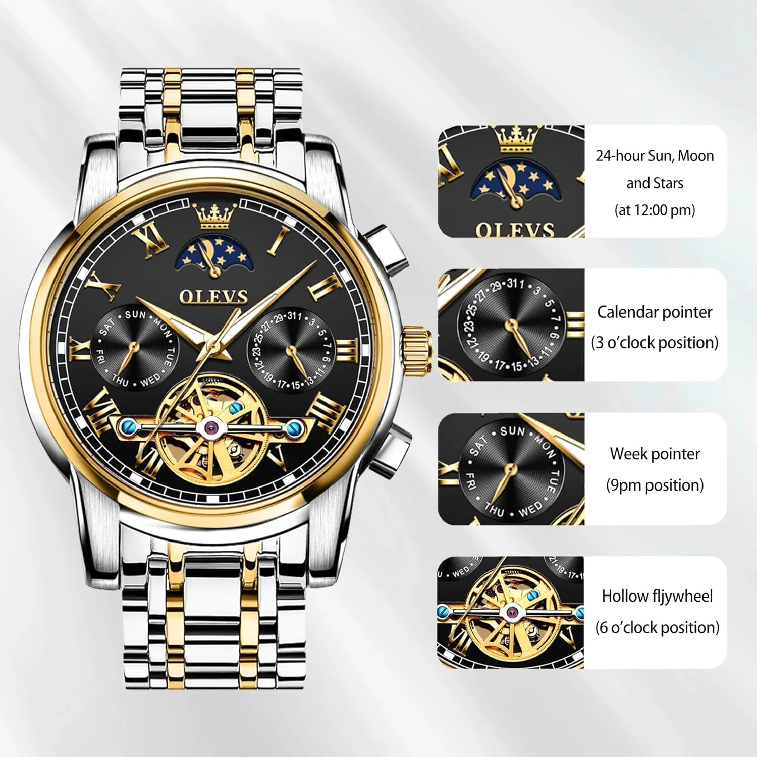 OLEVS Automatic Mechanical Watches for Men Self Winding Waterproof Stainless Steel Men's Wrist Watches Luxury Expensive Watch,Adjustable Bracelet (Gift Tool)