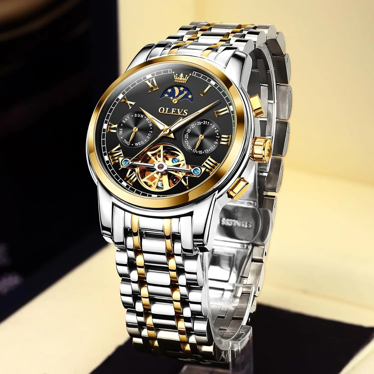 OLEVS Automatic Mechanical Watches for Men Self Winding Waterproof Stainless Steel Men's Wrist Watches Luxury Expensive Watch,Adjustable Bracelet (Gift Tool)