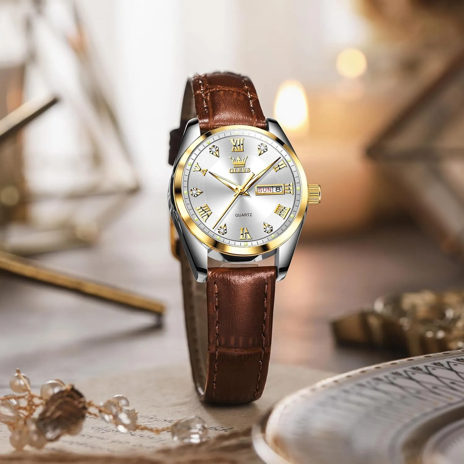 OLEVS Classic Leather Watches for Women, Business Dress Diamond Roman Arabic Numerals Ladies Watches, Day Date Waterproof Analog Quartz Womens Wrist Watches Brown Leather Strap Relojes para Mujer