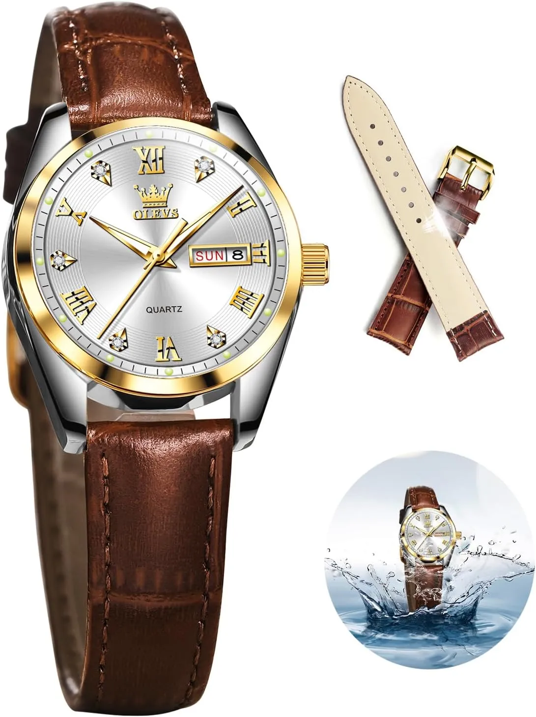 OLEVS Classic Leather Watches for Women, Business Dress Diamond Roman Arabic Numerals Ladies Watches, Day Date Waterproof Analog Quartz Womens Wrist Watches Brown Leather Strap Relojes para Mujer