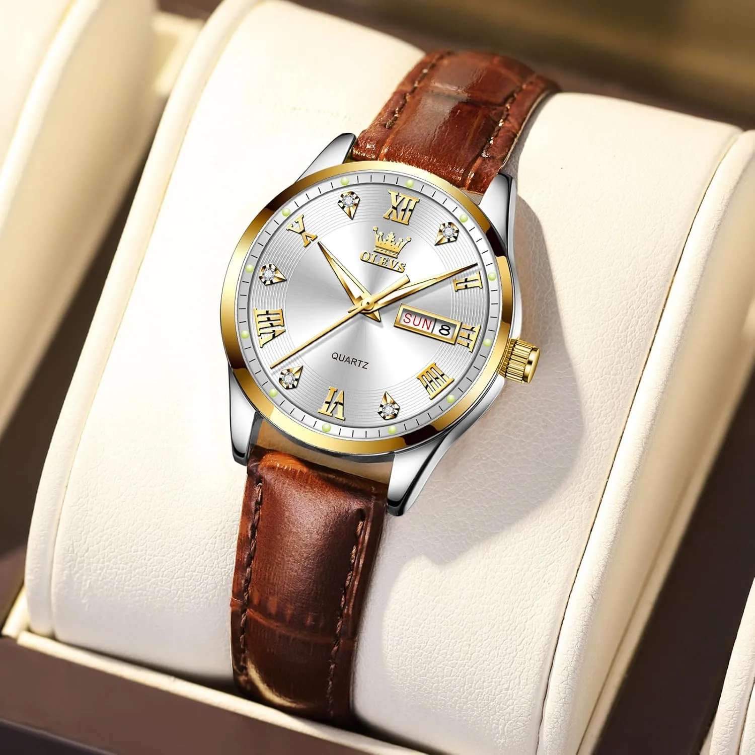 OLEVS Classic Leather Watches for Women, Business Dress Diamond Roman Arabic Numerals Ladies Watches, Day Date Waterproof Analog Quartz Womens Wrist Watches Brown Leather Strap Relojes para Mujer