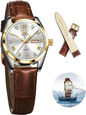 OLEVS Classic Leather Watches for Women, Business Dress Diamond Roman Arabic Numerals Ladies Watches, Day Date Waterproof Analog Quartz Womens Wrist Watches Brown Leather Strap Relojes para Mujer
