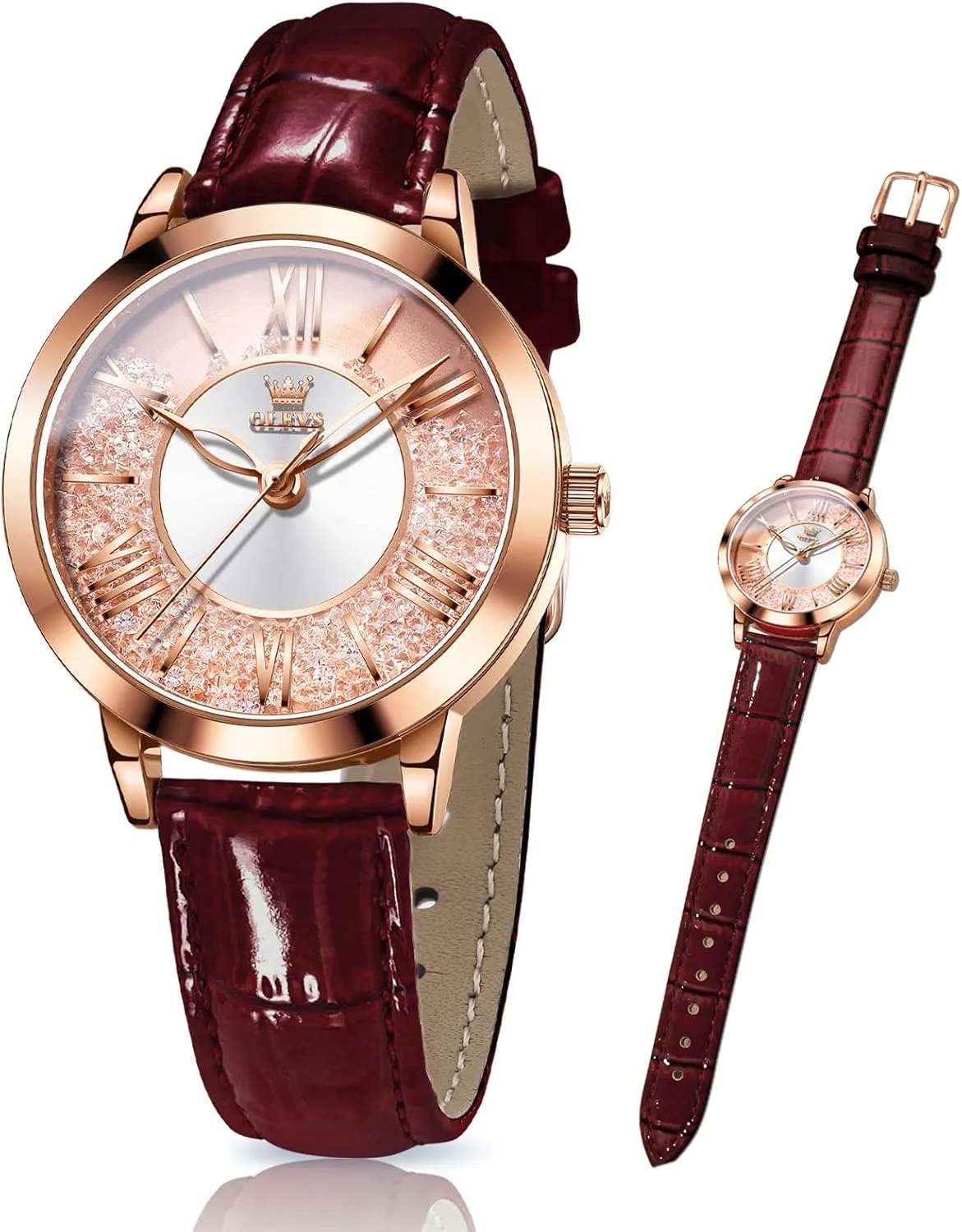 OLEVS Classic Leather Watches for Women, Business Dress Rhinestone Roman Numerals Ladies Watches, Waterproof Analog Quartz Womens Wrist Watches, Relojes para Mujer Pink, Red, White Leather Strap