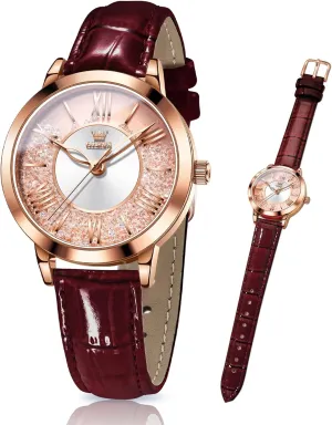 OLEVS Classic Leather Watches for Women, Business Dress Rhinestone Roman Numerals Ladies Watches, Waterproof Analog Quartz Womens Wrist Watches, Relojes para Mujer Pink, Red, White Leather Strap