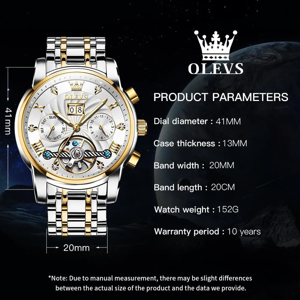 OLEVS Mens Automatic Watches Self Winding Mechanical Skeleton Tourbillon Luxury Diamond Business Dress Date Wrist Watches for Men Waterproof Luminous
