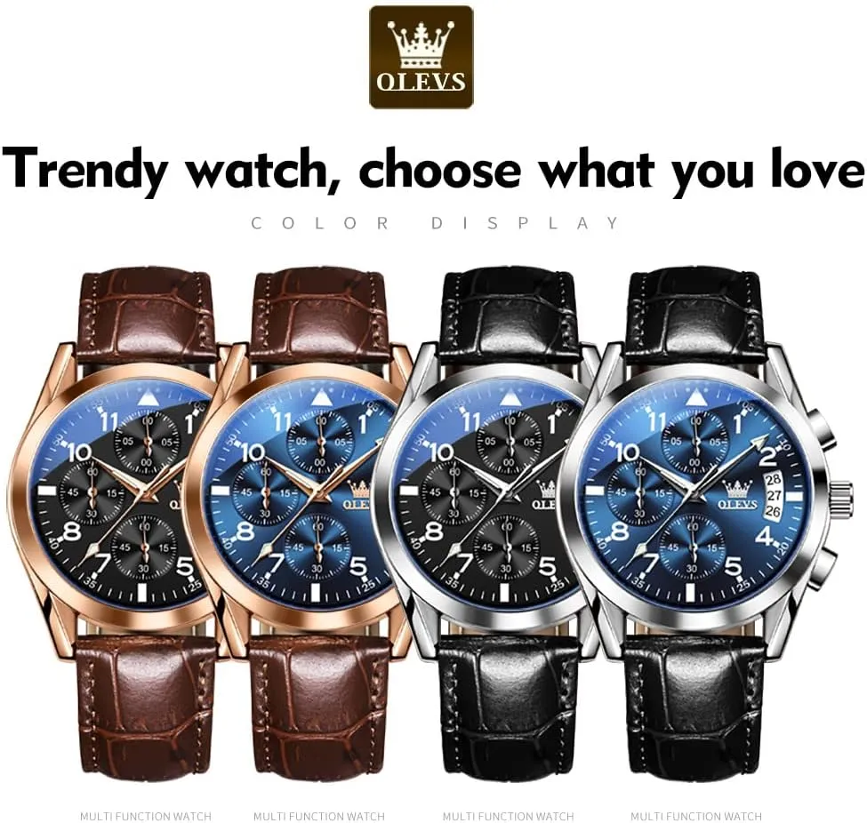 OLEVS Men's Watches Brown Leather with Date,Casual Watches for Men,Large Face Watches Men,Chronograph Mens Watch,Sport Waterproof Business Dress Analog Quartz Men's Wrist Watches Reloj De Hombre