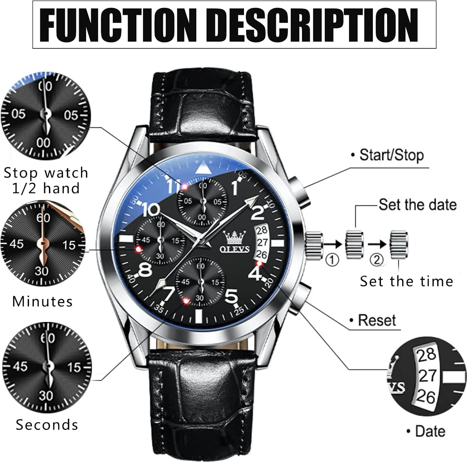 OLEVS Men's Watches Brown Leather with Date,Casual Watches for Men,Large Face Watches Men,Chronograph Mens Watch,Sport Waterproof Business Dress Analog Quartz Men's Wrist Watches Reloj De Hombre