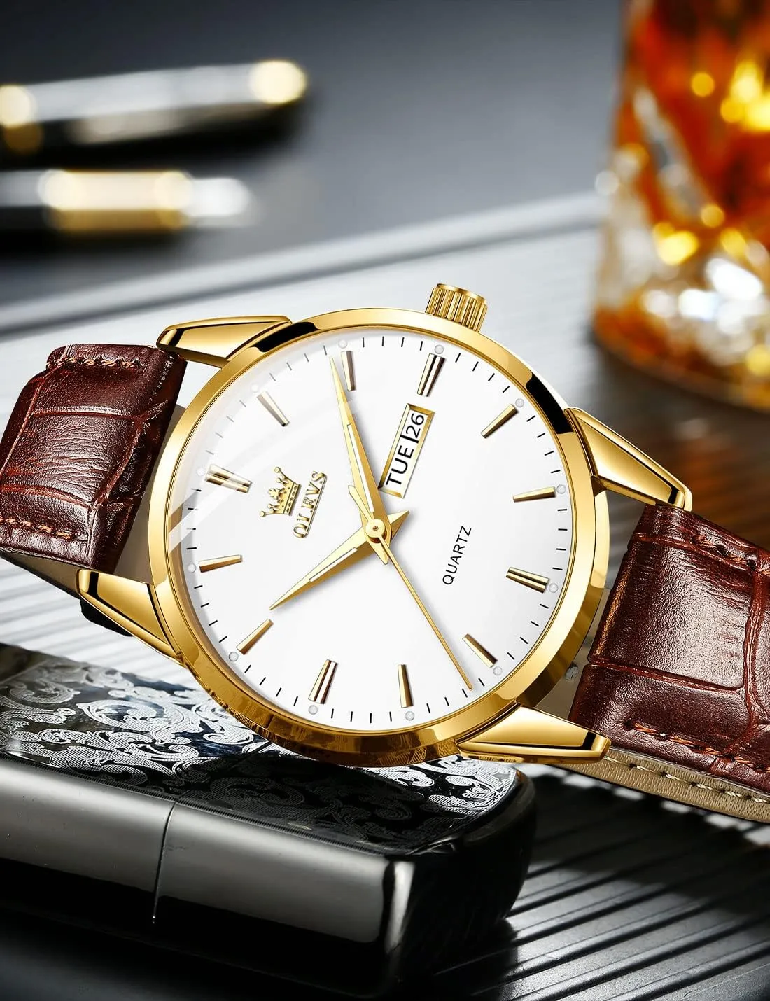 OLEVS Mens Watches, Casual Leather Watches for Men Easy to Read Quartz Number Watch with Date Waterproof Blue/Black/Silver Face Men's Wrist Watches
