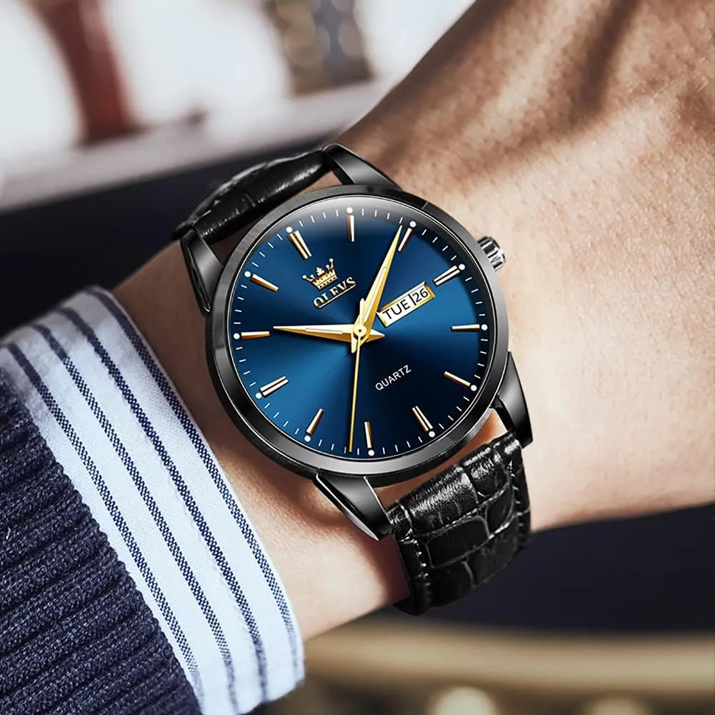 OLEVS Mens Watches Leather Wristwatch with Waterproof Luminous Analog Quartz Fashion Business Sport Watches for Men