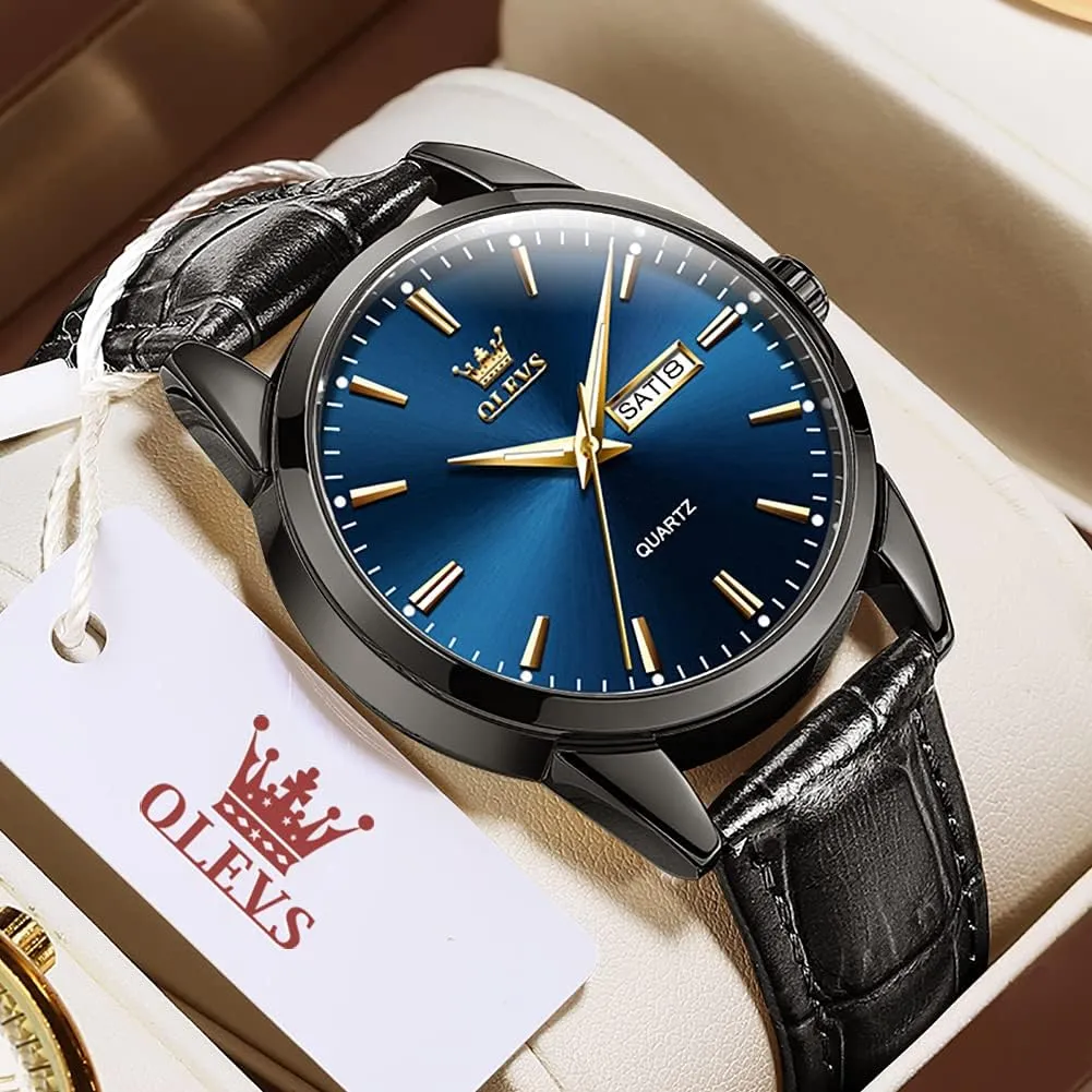 OLEVS Mens Watches Leather Wristwatch with Waterproof Luminous Analog Quartz Fashion Business Sport Watches for Men