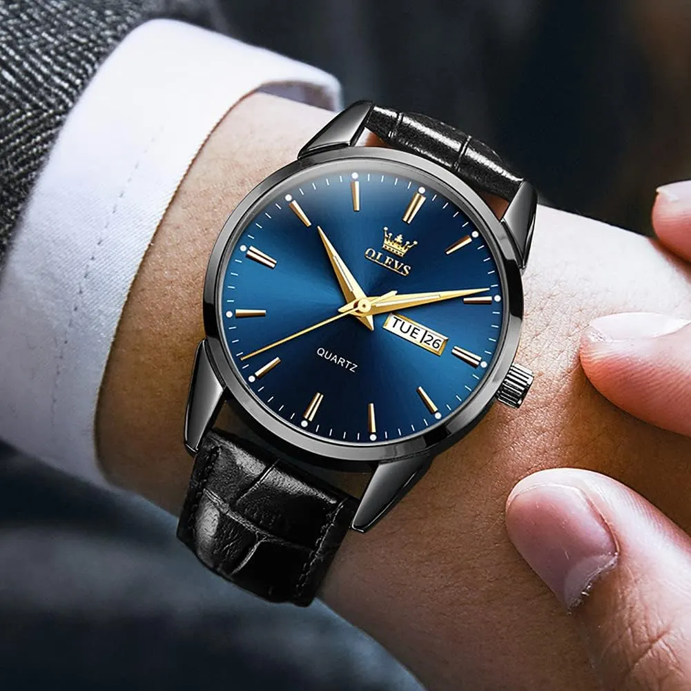 OLEVS Mens Watches Leather Wristwatch with Waterproof Luminous Analog Quartz Fashion Business Sport Watches for Men