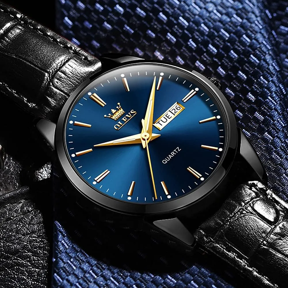 OLEVS Mens Watches Leather Wristwatch with Waterproof Luminous Analog Quartz Fashion Business Sport Watches for Men