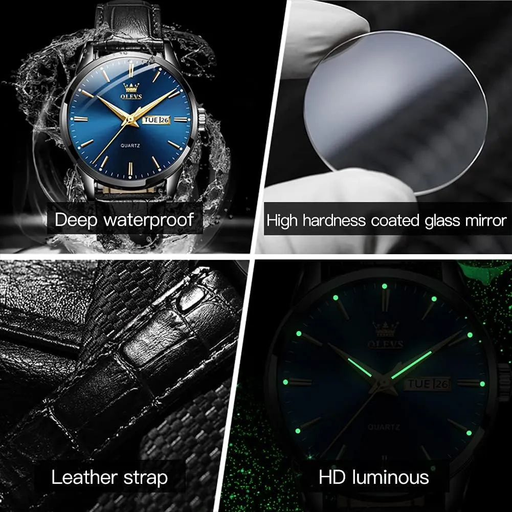 OLEVS Mens Watches Leather Wristwatch with Waterproof Luminous Analog Quartz Fashion Business Sport Watches for Men