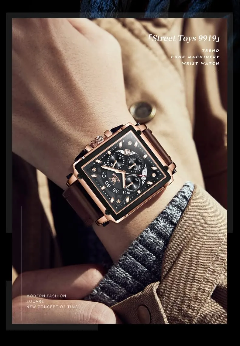 OLEVS Square Watches for Men Brown Leather Chronograph Fashion Business Watch Luminous Waterproof Casual Wrist Watches