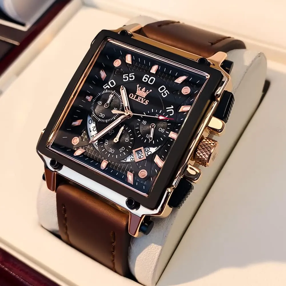 OLEVS Square Watches for Men Leather Multifunctional Chronograph Fashion Business Dress Analog Quartz Wrist Watches Luminous Waterproof