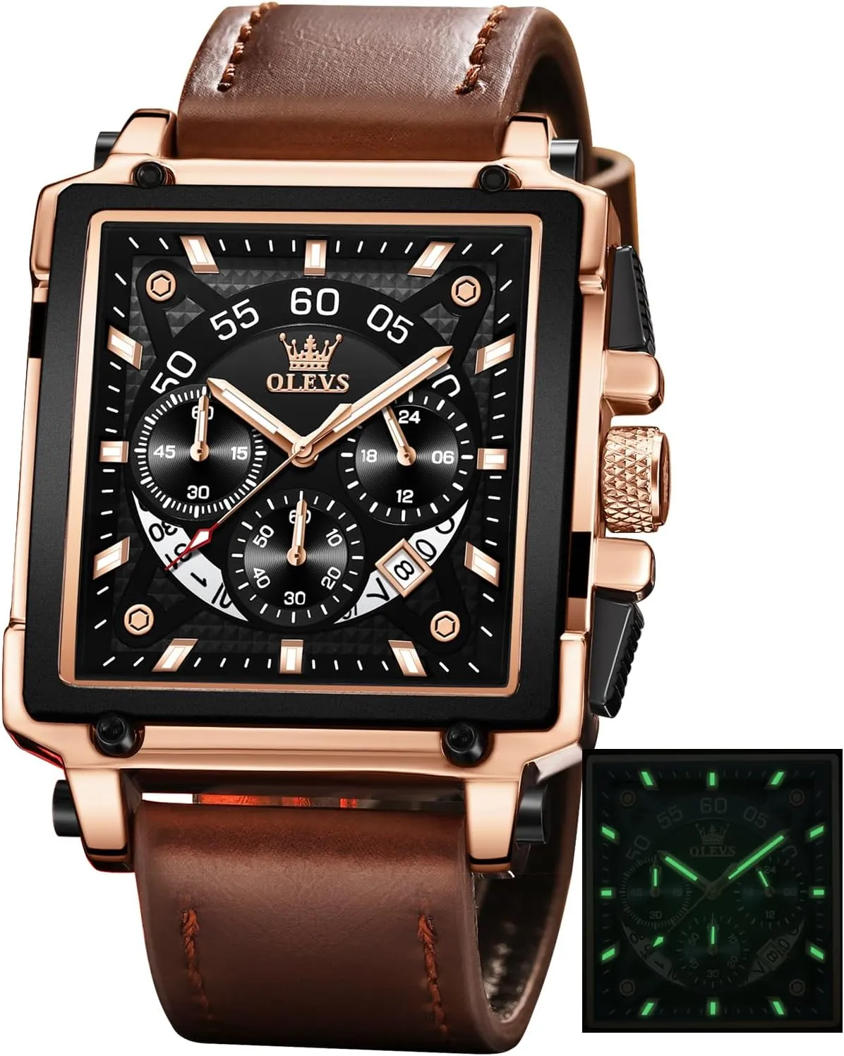 OLEVS Square Watches for Men Leather Multifunctional Chronograph Fashion Business Dress Analog Quartz Wrist Watches Luminous Waterproof