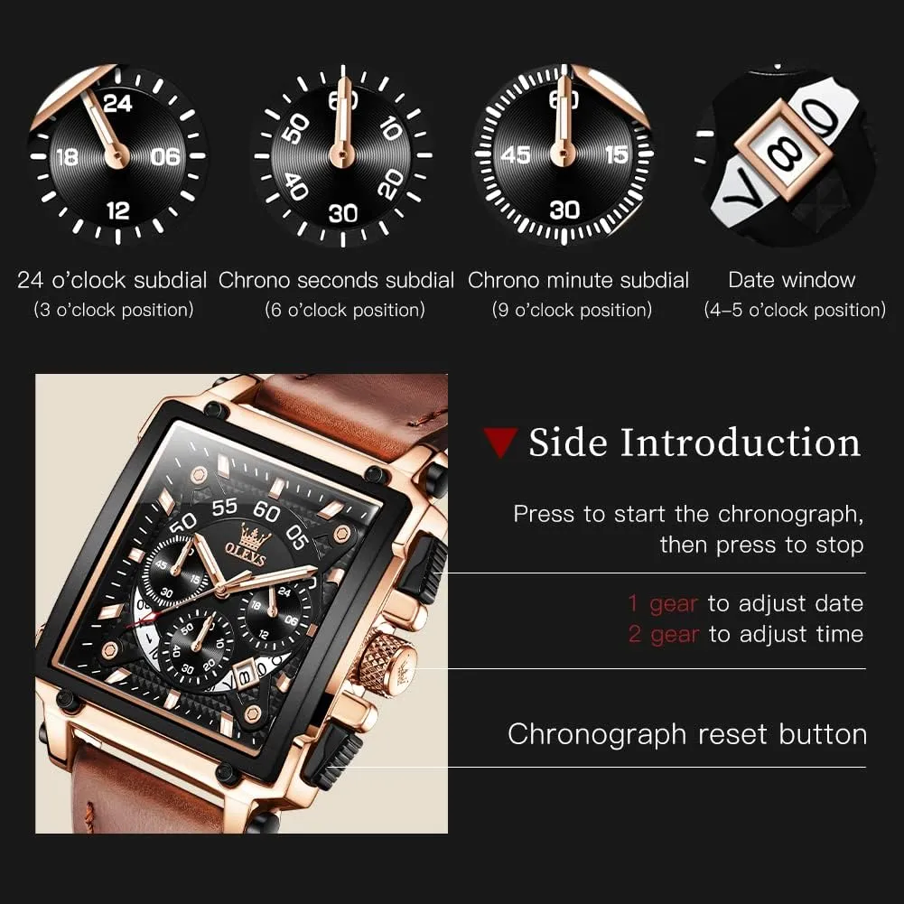 OLEVS Square Watches for Men Leather Multifunctional Chronograph Fashion Business Dress Analog Quartz Wrist Watches Luminous Waterproof