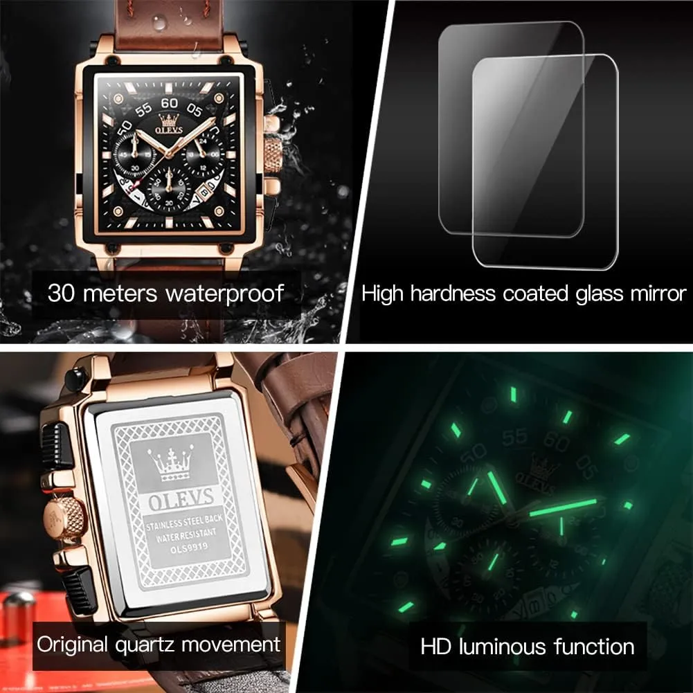 OLEVS Square Watches for Men Leather Multifunctional Chronograph Fashion Business Dress Analog Quartz Wrist Watches Luminous Waterproof