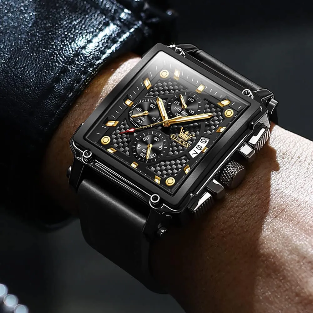 OLEVS Square Watches for Men Leather Multifunctional Chronograph Fashion Business Dress Analog Quartz Wrist Watches Luminous Waterproof