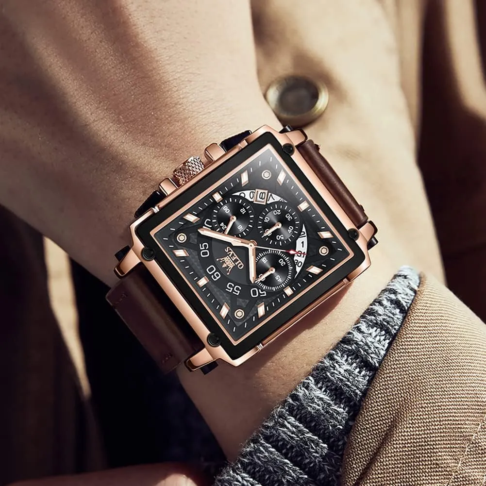 OLEVS Square Watches for Men Leather Multifunctional Chronograph Fashion Business Dress Analog Quartz Wrist Watches Luminous Waterproof