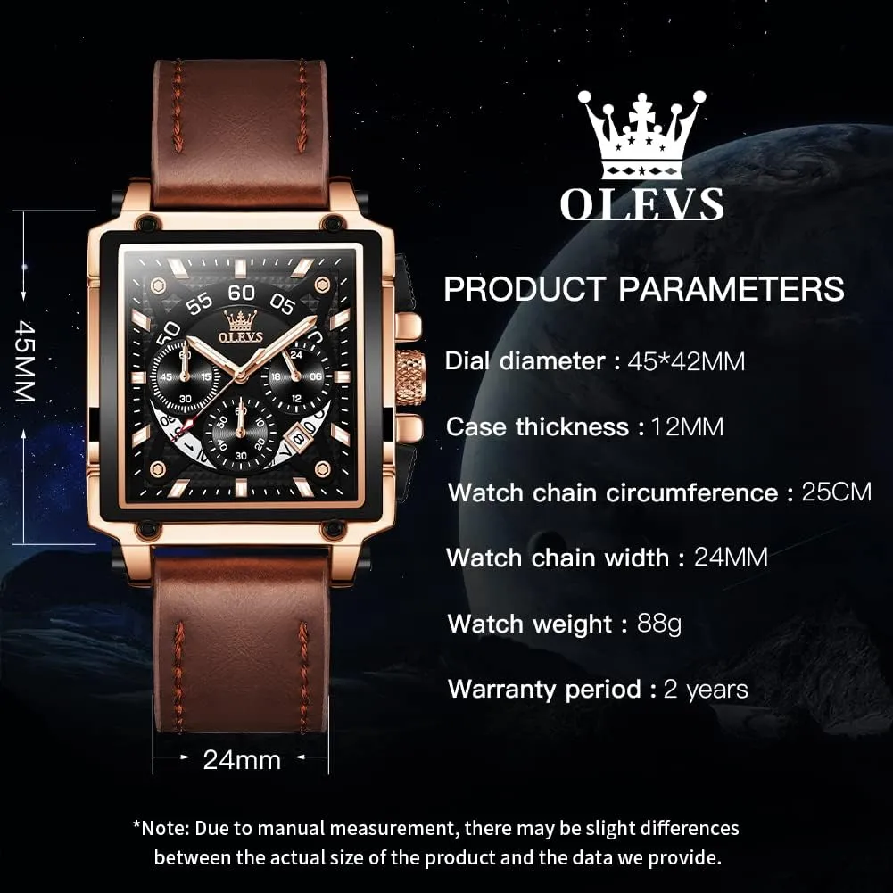 OLEVS Square Watches for Men Leather Multifunctional Chronograph Fashion Business Dress Analog Quartz Wrist Watches Luminous Waterproof