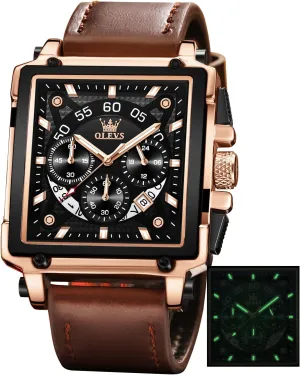 OLEVS Square Watches for Men Leather Multifunctional Chronograph Fashion Business Dress Analog Quartz Wrist Watches Luminous Waterproof