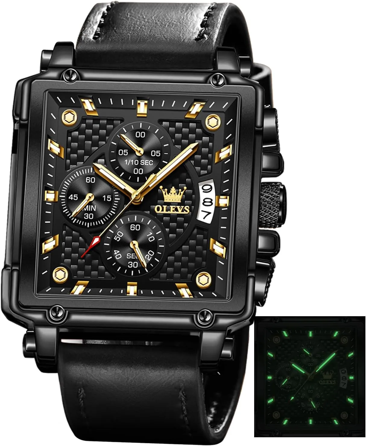 OLEVS Square Watches for Men Leather Multifunctional Chronograph Fashion Business Dress Analog Quartz Wrist Watches Luminous Waterproof