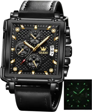 OLEVS Square Watches for Men Leather Multifunctional Chronograph Fashion Business Dress Analog Quartz Wrist Watches Luminous Waterproof