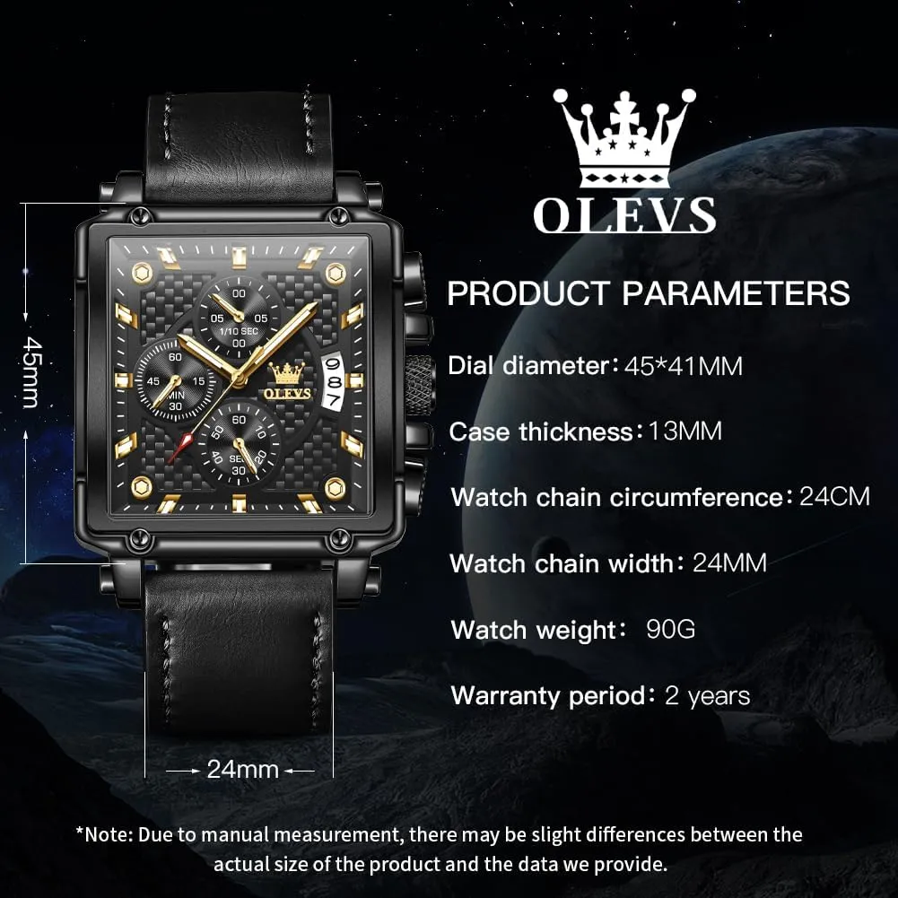 OLEVS Square Watches for Men Leather Multifunctional Chronograph Fashion Business Dress Analog Quartz Wrist Watches Luminous Waterproof