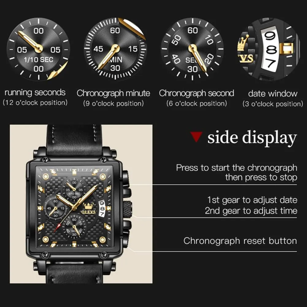 OLEVS Square Watches for Men Leather Multifunctional Chronograph Fashion Business Dress Analog Quartz Wrist Watches Luminous Waterproof