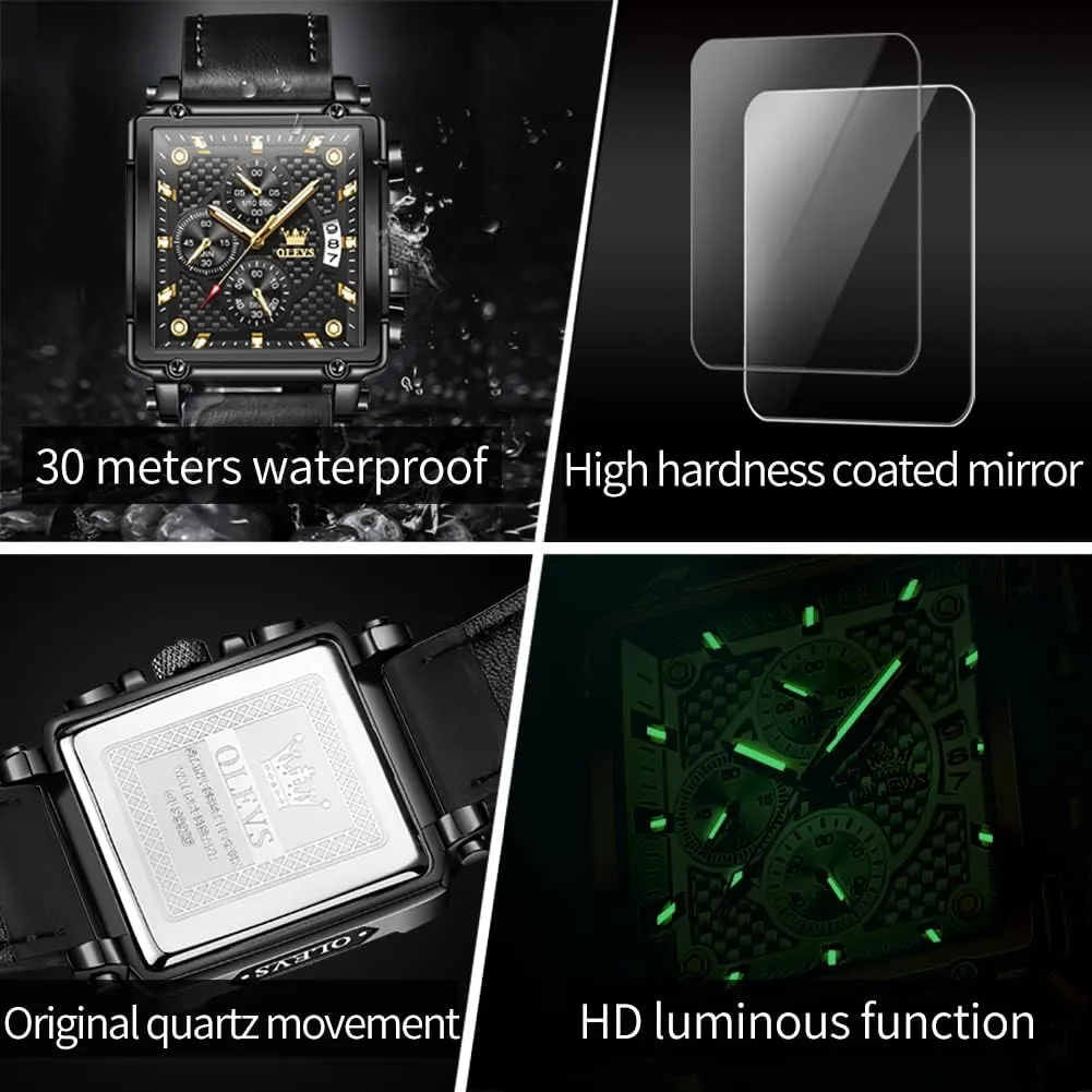 OLEVS Square Watches for Men Leather Multifunctional Chronograph Fashion Business Dress Analog Quartz Wrist Watches Luminous Waterproof