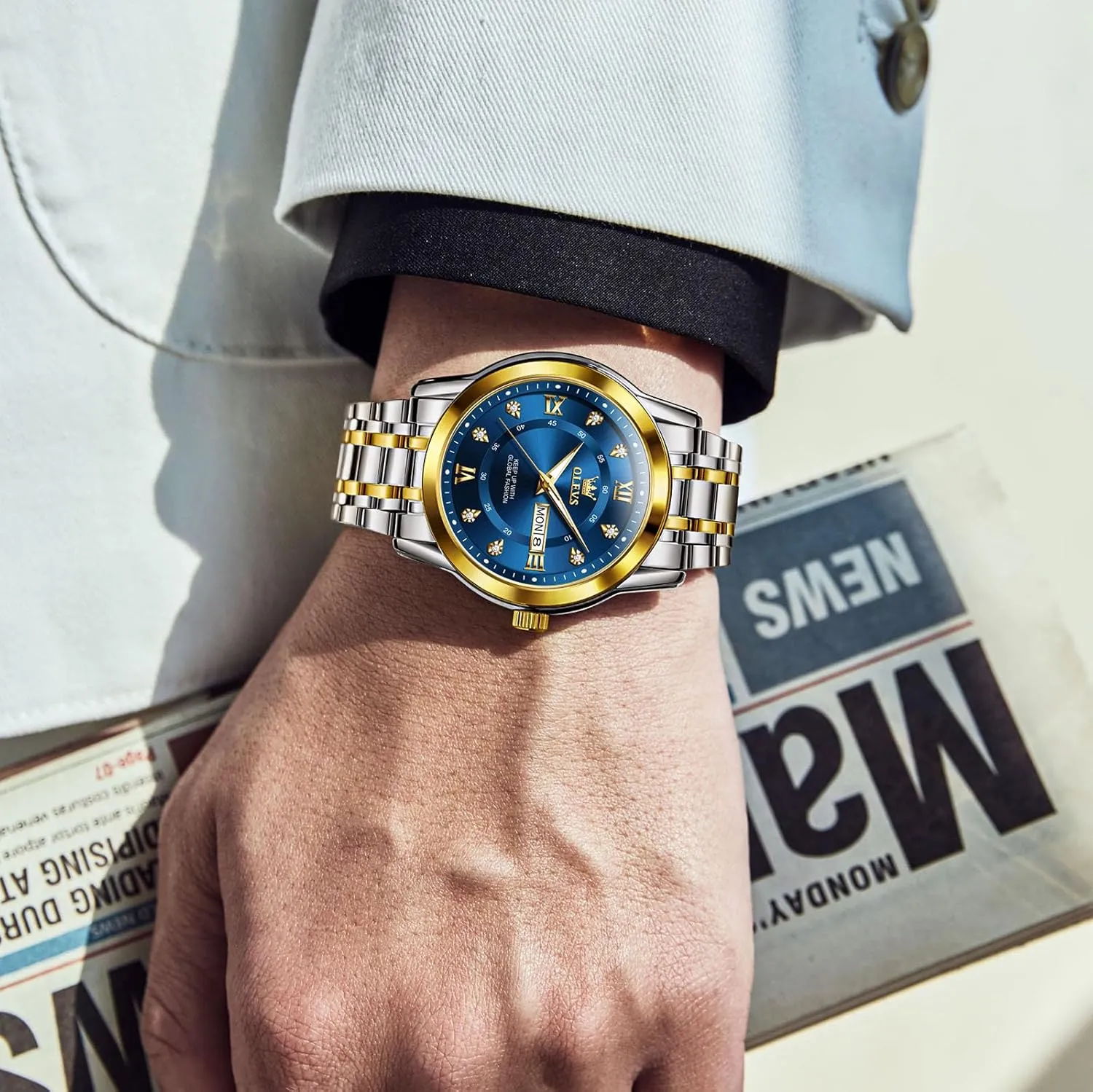 OLEVS Stainless Steel Classic Watches, Large Face Quartz Dress Watches for Men, Easy to Read Men's Waterproof Watch with Day and Date, Blue/Black/Silver/Gold/Grey Dial