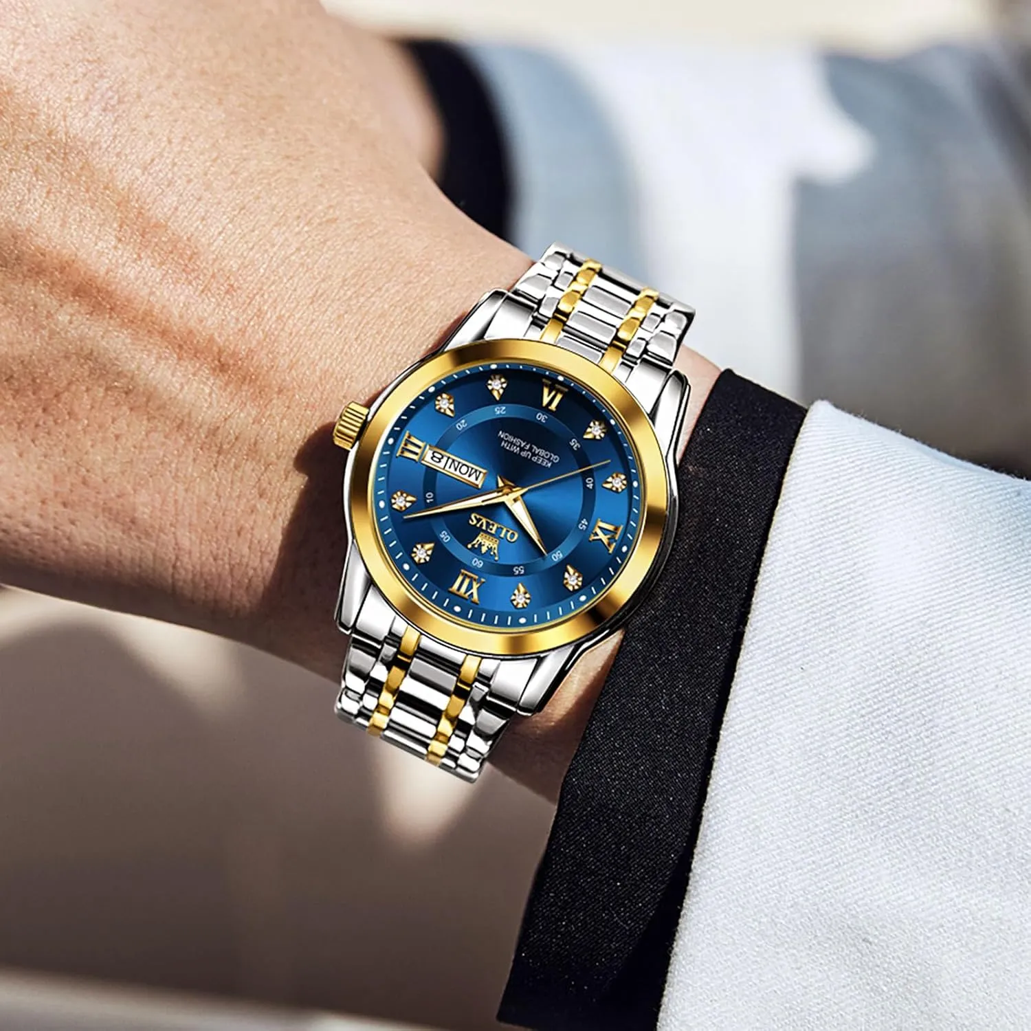 OLEVS Stainless Steel Classic Watches, Large Face Quartz Dress Watches for Men, Easy to Read Men's Waterproof Watch with Day and Date, Blue/Black/Silver/Gold/Grey Dial