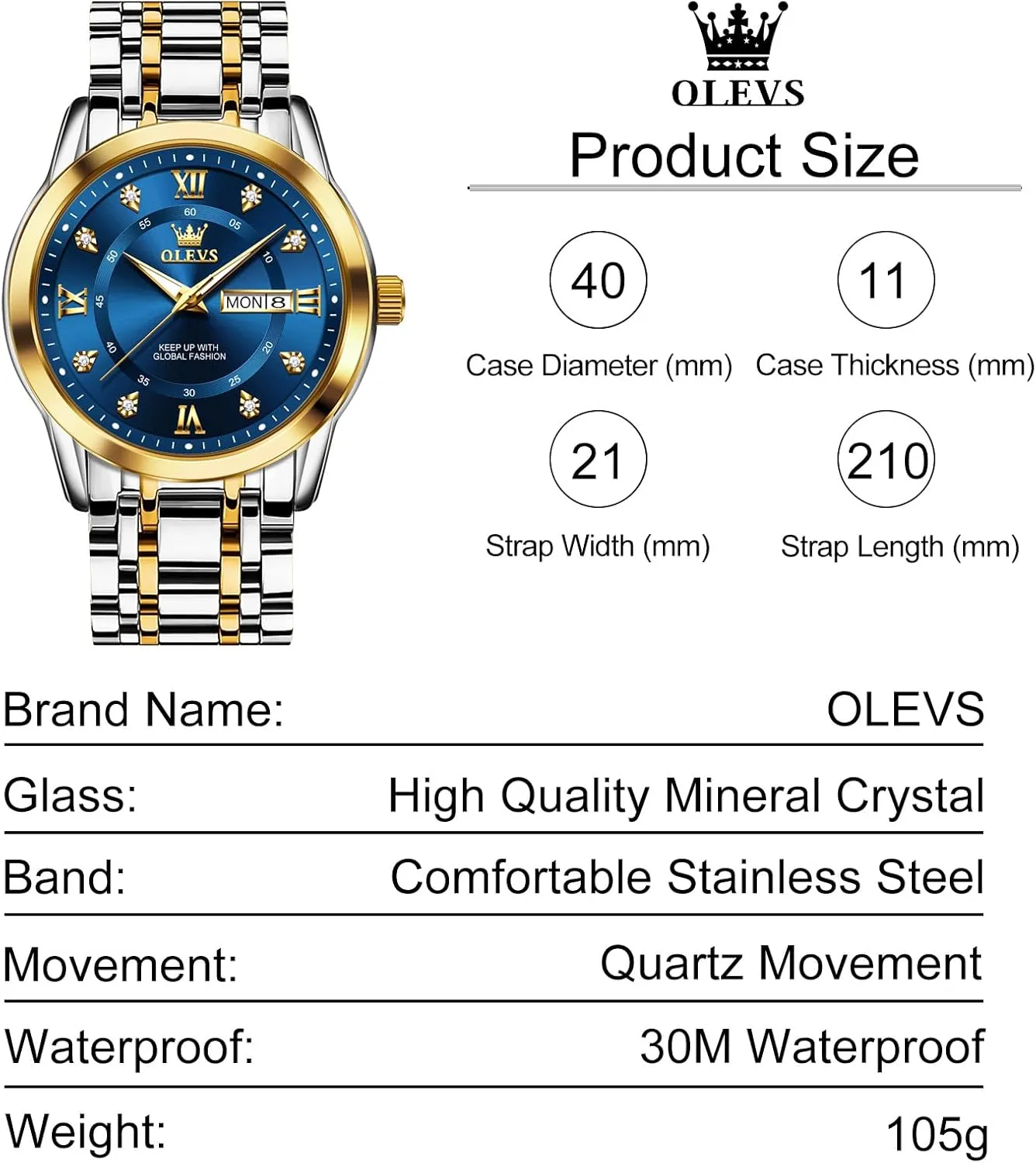 OLEVS Stainless Steel Classic Watches, Large Face Quartz Dress Watches for Men, Easy to Read Men's Waterproof Watch with Day and Date, Blue/Black/Silver/Gold/Grey Dial