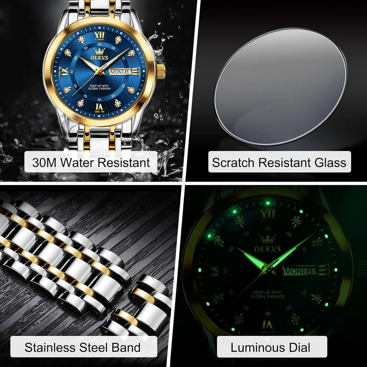 OLEVS Stainless Steel Classic Watches, Large Face Quartz Dress Watches for Men, Easy to Read Men's Waterproof Watch with Day and Date, Blue/Black/Silver/Gold/Grey Dial