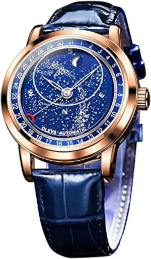 OLEVS Starry Sky Moon Phase Men's Automatic Mechanical Watches Blue Leather Luxury Dress Waterproof Luminous Wrist Watches