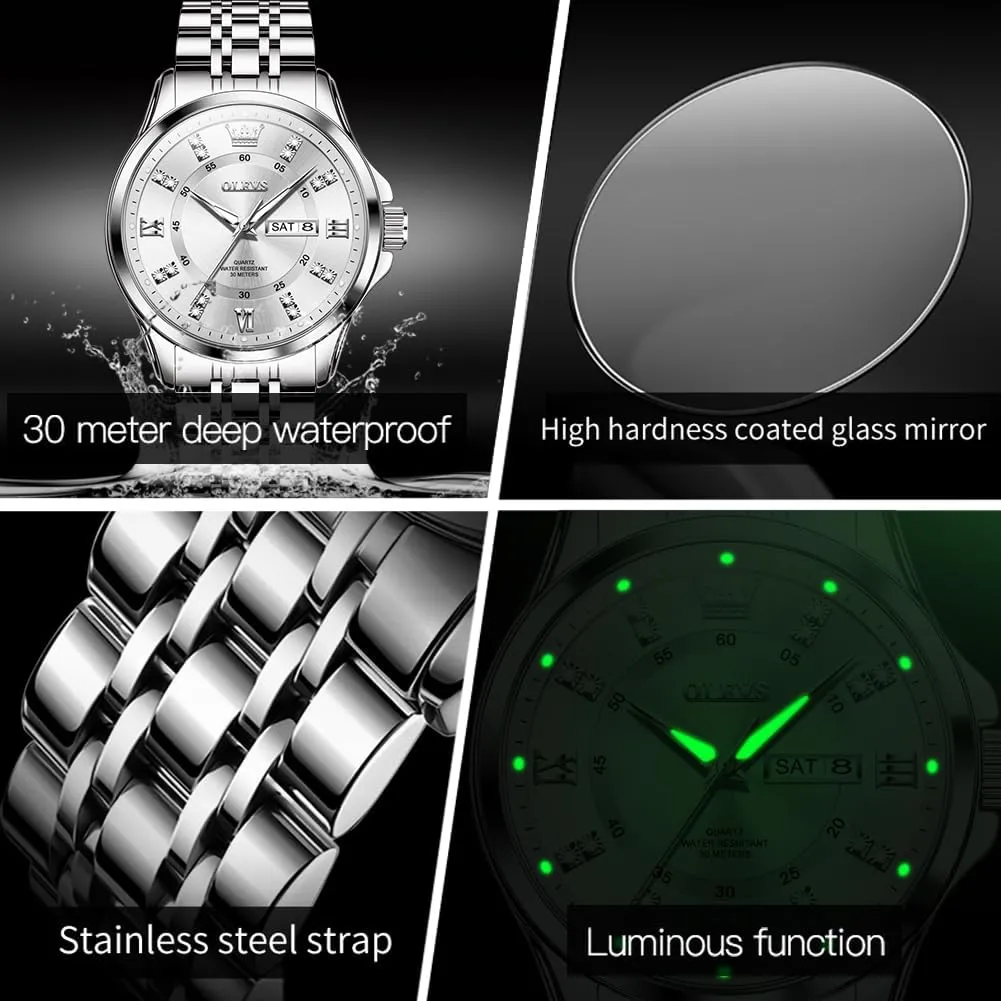 OLEVS Watch for Men Business Diamond Easy Read Men's Wrist Watches Analog Luxury Date Stainless Steel Waterproof Luminous Dress Mens Watches