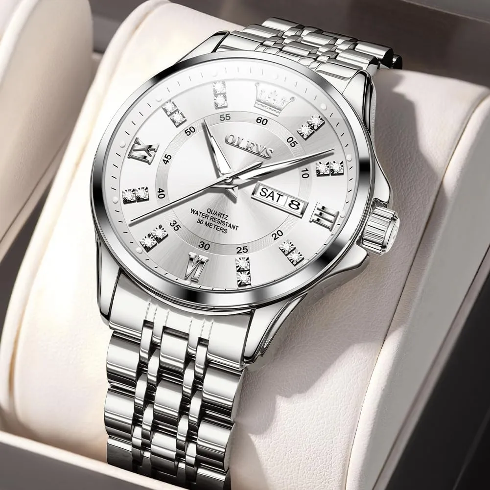 OLEVS Watch for Men Business Diamond Easy Read Men's Wrist Watches Analog Luxury Date Stainless Steel Waterproof Luminous Dress Mens Watches