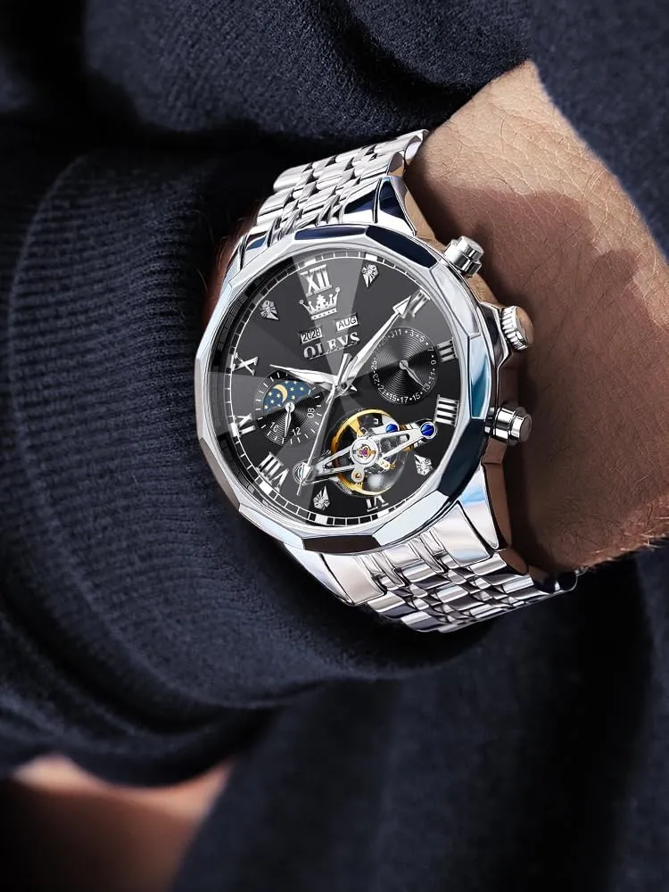 OLEVS Watches for Men Automatic Mechanical Luxury Dress Big Face Self Winding Tourbillon Skeleton Luminous Wrist Watches