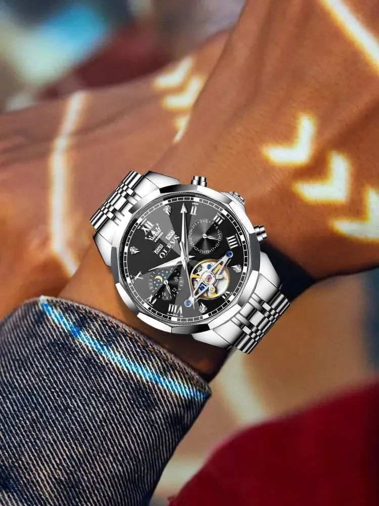 OLEVS Watches for Men Automatic Mechanical Luxury Dress Big Face Self Winding Tourbillon Skeleton Luminous Wrist Watches