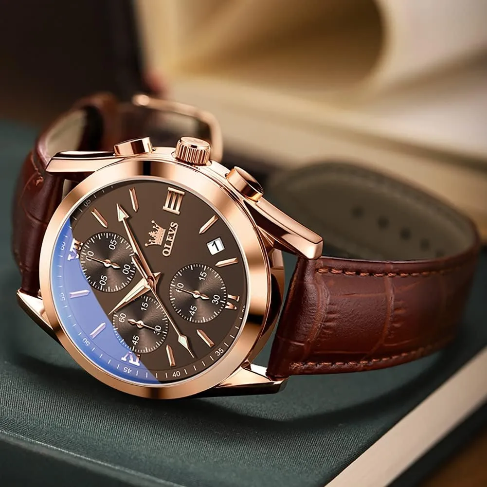 OLEVS Watches for Men Brown Leather Gold Case Analog Quartz Fashion Business Dress Watch Day Date Luminous Waterproof Casual Male Wrist Watches