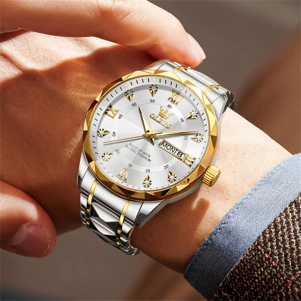 OLEVS Watches for Men Luxury Analog Big Face Mens Watches with Date Diamond Men's Wrist Watches Stainless Steel Waterproof Mens Dress Watch Casual Business Quartz Watch(Silver/Black/Blue/Gold Face)