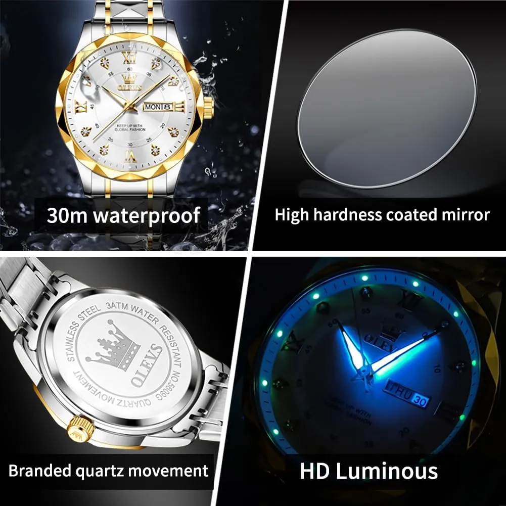 OLEVS Watches for Men Luxury Analog Big Face Mens Watches with Date Diamond Men's Wrist Watches Stainless Steel Waterproof Mens Dress Watch Casual Business Quartz Watch(Silver/Black/Blue/Gold Face)