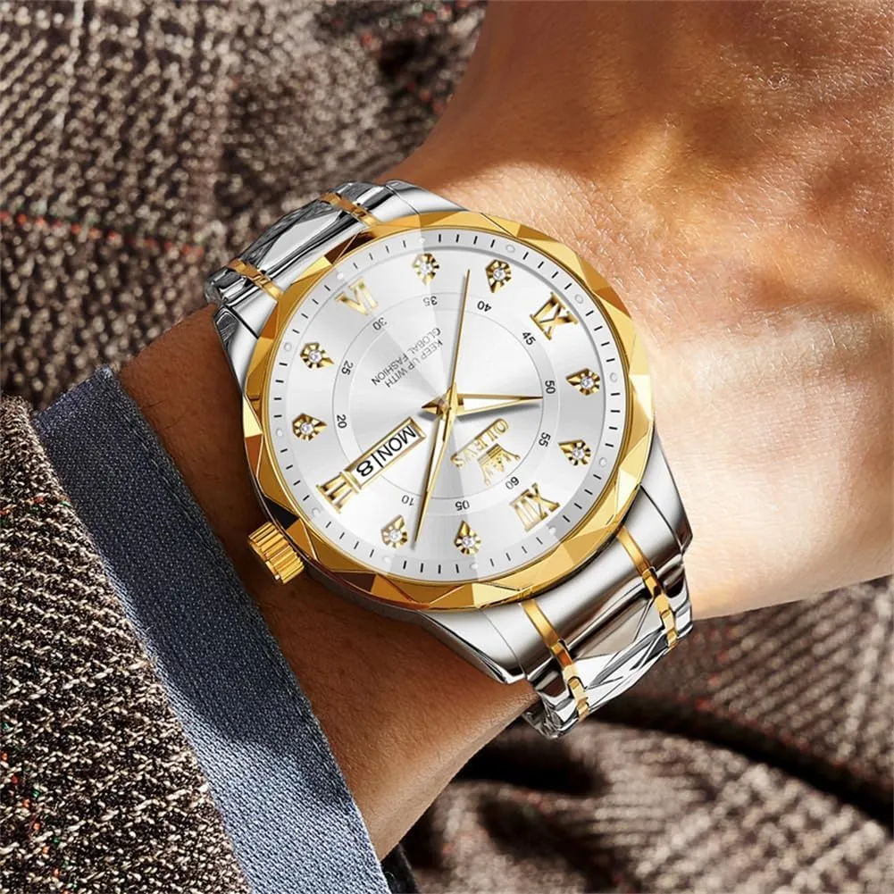 OLEVS Watches for Men Luxury Analog Big Face Mens Watches with Date Diamond Men's Wrist Watches Stainless Steel Waterproof Mens Dress Watch Casual Business Quartz Watch(Silver/Black/Blue/Gold Face)