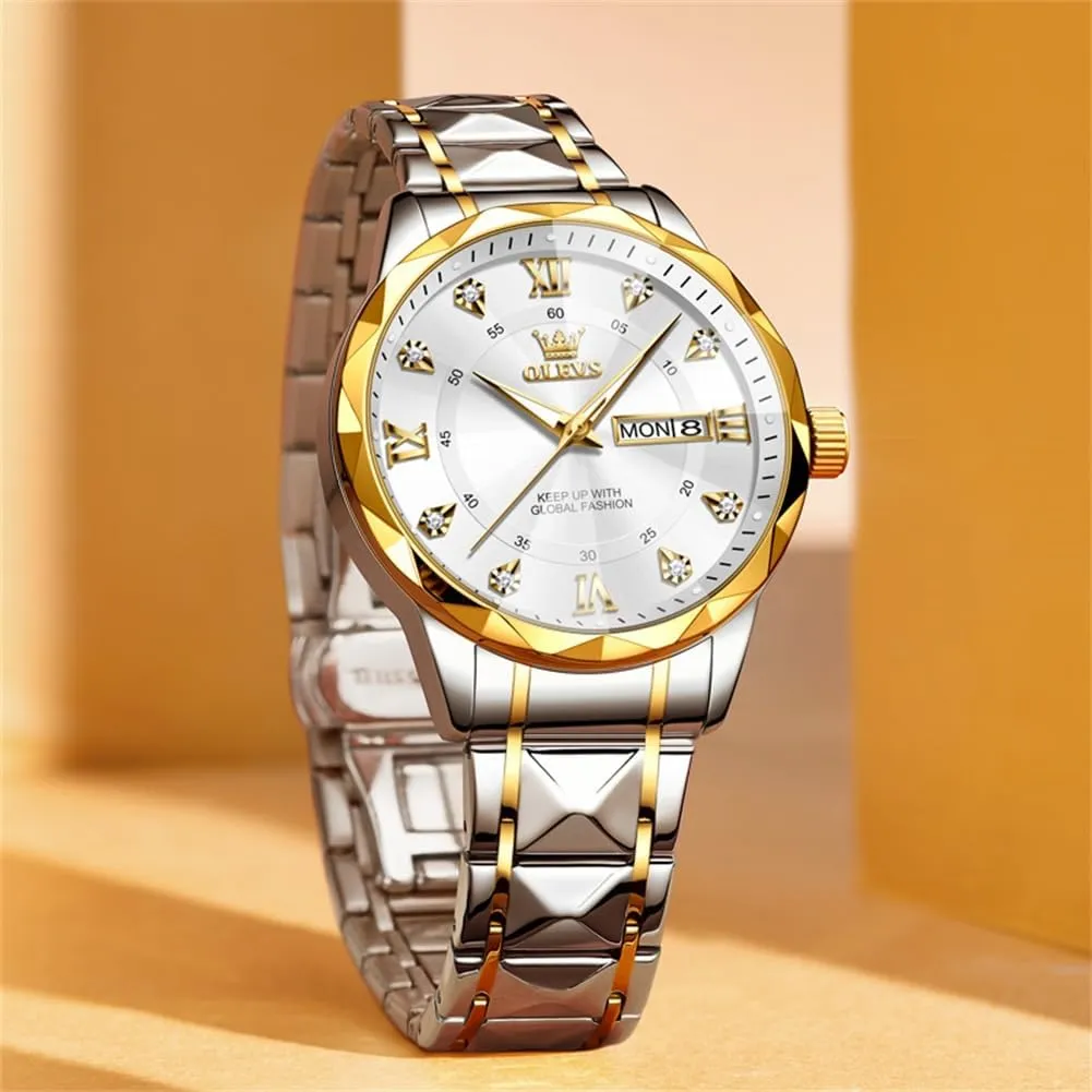 OLEVS Watches for Men Luxury Analog Big Face Mens Watches with Date Diamond Men's Wrist Watches Stainless Steel Waterproof Mens Dress Watch Casual Business Quartz Watch(Silver/Black/Blue/Gold Face)